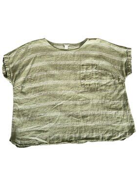 L.L.Bean Womens Plus-Size Green Striped Linen Top 2X Short Sleeve Pocket Casual